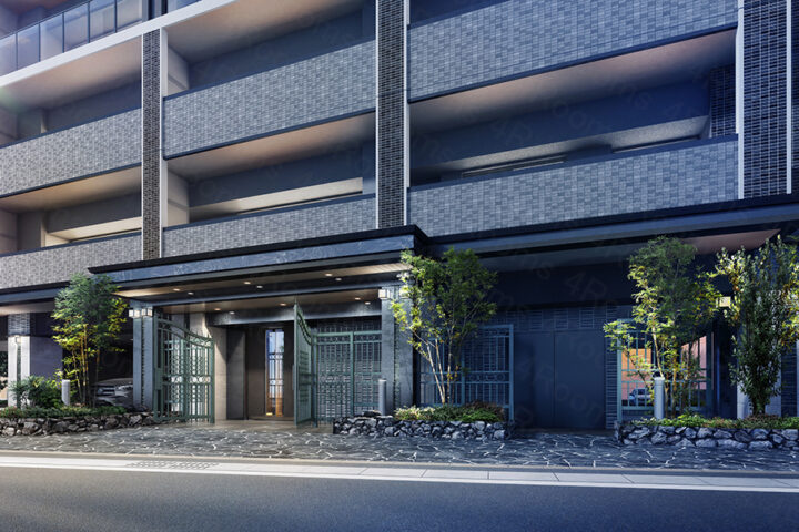 マンション_アプローチ（ファサード）_夕景CGパース
