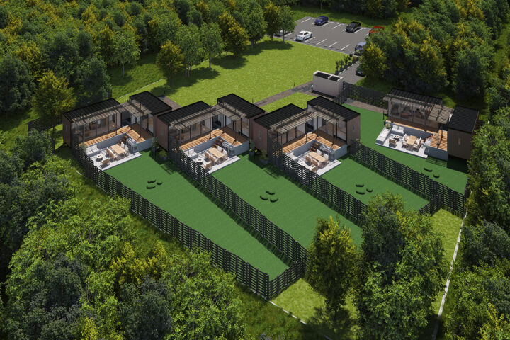 トレーラーハウス型キャンプ施設_鳥瞰CGパース