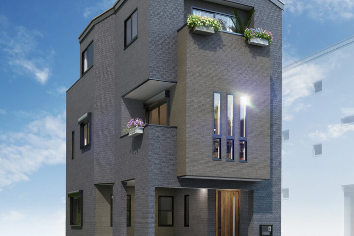 3階建て都市型モダン住宅の建築CGパース制作｜外観・外壁タイルのリアルな質感を表現